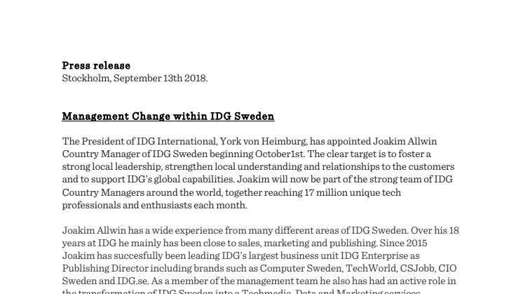 Management Change within IDG Sweden