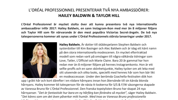 L’ORÉAL PROFESSIONNEL PRESENTERAR TVÅ NYA AMBASSDÖRER:  HAILEY BALDWIN & TAYLOR HILL 