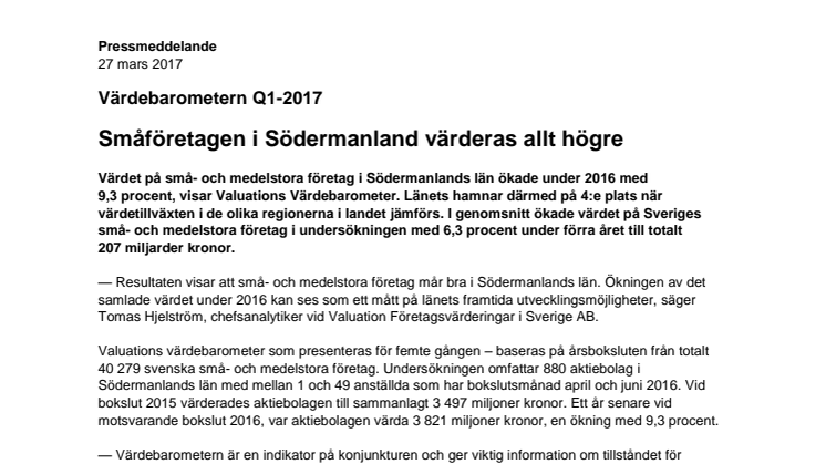 Värdebarometern Q1-2017 Södermanlands län