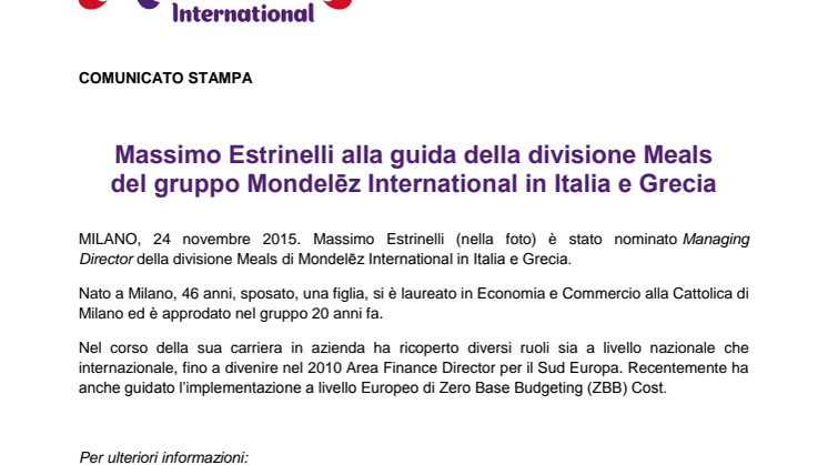 Massimo Estrinelli alla guida della divisione Meals del gruppo Mondelēz International in Italia e Grecia