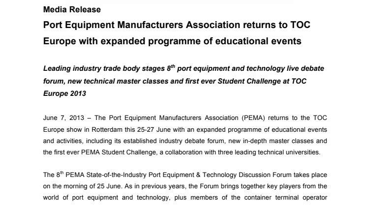 Port Equipment Manufacturers Association returns to TOC Europe with expanded programme of educational events