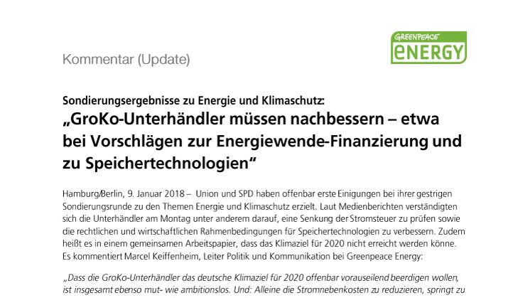 Sondierungsergebnisse zu Energie und Klimaschutz: „GroKo-Unterhändler müssen nachbessern – etwa bei Vorschlägen zur Energiewende-Finanzierung und zu Speichertechnologien“
