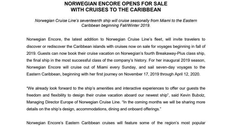 Norwegian Encore opens for sale with cruises to the Caribbean