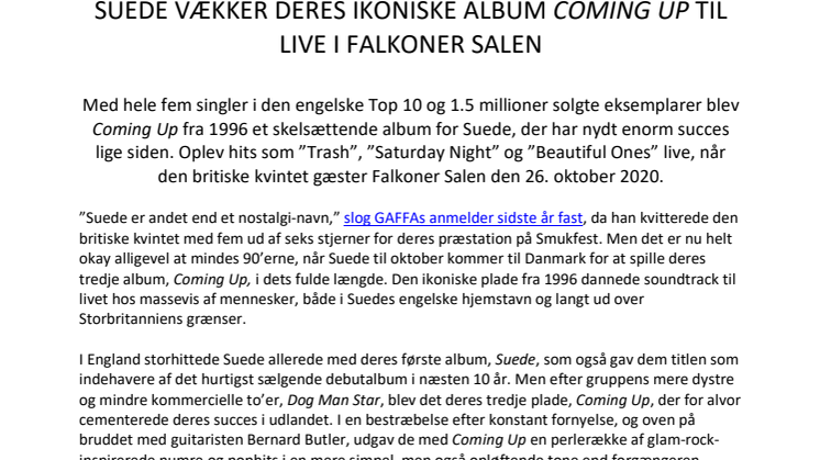 SUEDE VÆKKER DERES IKONISKE ALBUM 'COMING UP' TIL LIVE I FALKONER SALEN