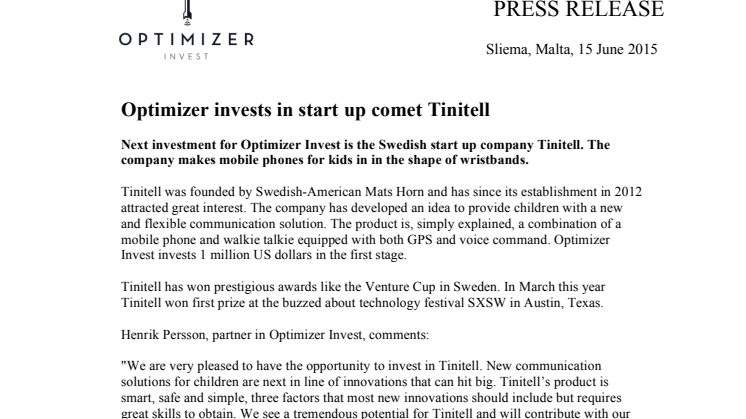 Optimizer invests in start up comet Tinitell
