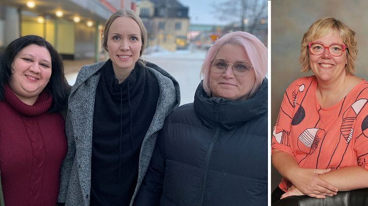 Från vänster: Juni Lopez, Emma Haake  och Linda Näreaho, Kvinnojouren, Malin Svanholm, ordförande kommunstyrelsen.