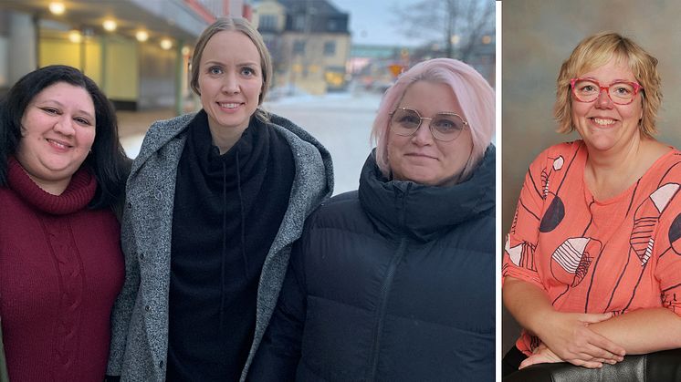 Från vänster: Juni Lopez, Emma Haake  och Linda Näreaho, Kvinnojouren, Malin Svanholm, ordförande kommunstyrelsen.