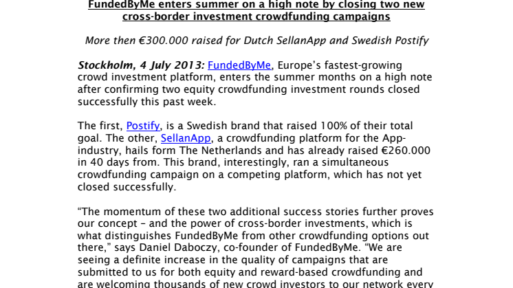 FundedByMe enters summer on a high note by closing two new cross-border investment crowdfunding campaigns