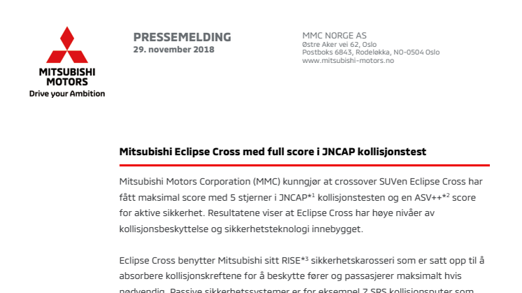 Mitsubishi Eclipse Cross med full score i JNCAP kollisjonstest