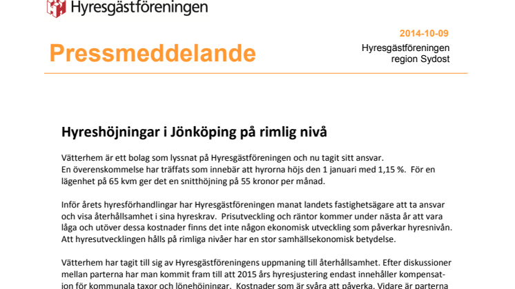 Hyreshöjningar i Jönköping på rimlig nivå