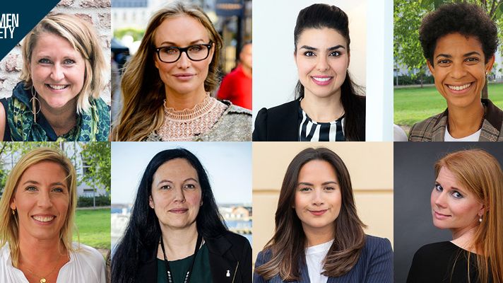 SSWS talare i oktober. Övre raden f v: Carolina Jonnor, Tuva Palm, Leila Karchaoui och Diana Paz. Nedre raden f v: Jeanette Lilja, Helena Lönegård, Apollonia San Contreras och Christina Persson.