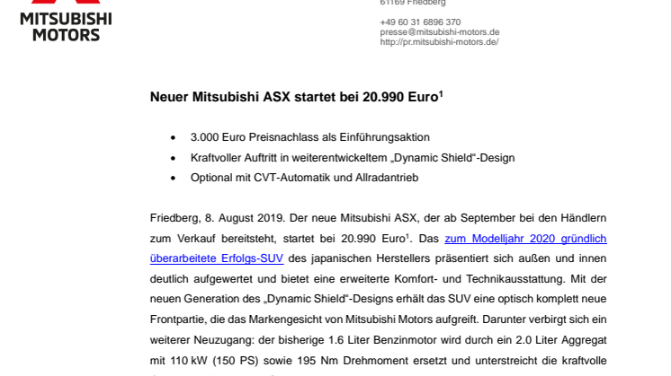 Neuer Mitsubishi ASX startet bei 20.990 Euro 