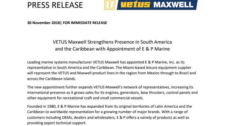 VETUS Maxwell Strengthens Presence in South America and the Caribbean with Appointment of E & P Marine