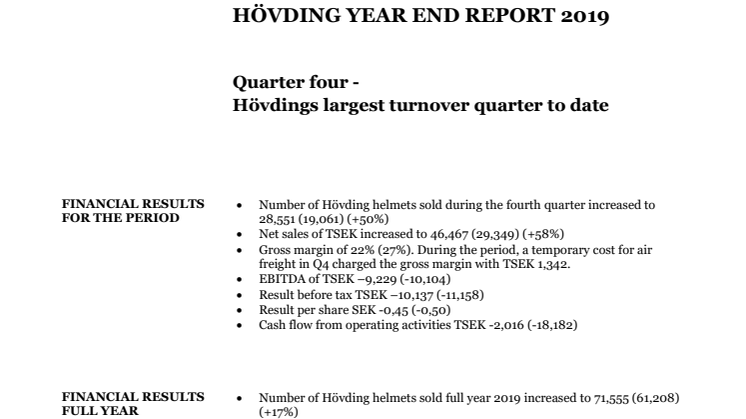 Quarter four - Hövdings largest turnover quarter to date