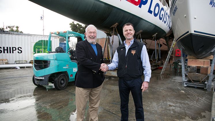 Clipper Round the World Yacht Race Chairman Sir Robin Knox-Johnston and Coppercoat Director Jayson Kenny celebrate as Coppercoat is again selected as Official Antifoul Supplier for the next two editions of the Race