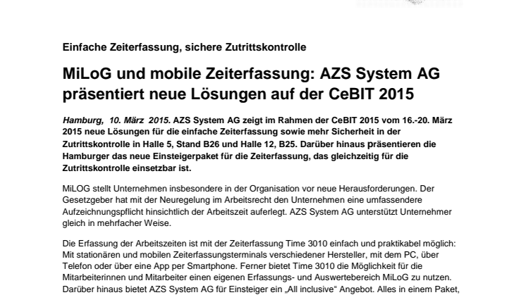 MiLoG und mobile Zeiterfassung: AZS System AG präsentiert neue Lösungen auf der CeBIT 2015