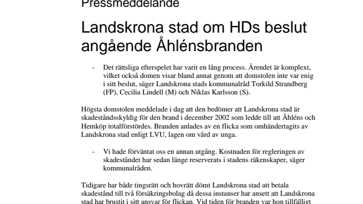 Landskrona stad om HDs beslut angående Åhlénsbranden