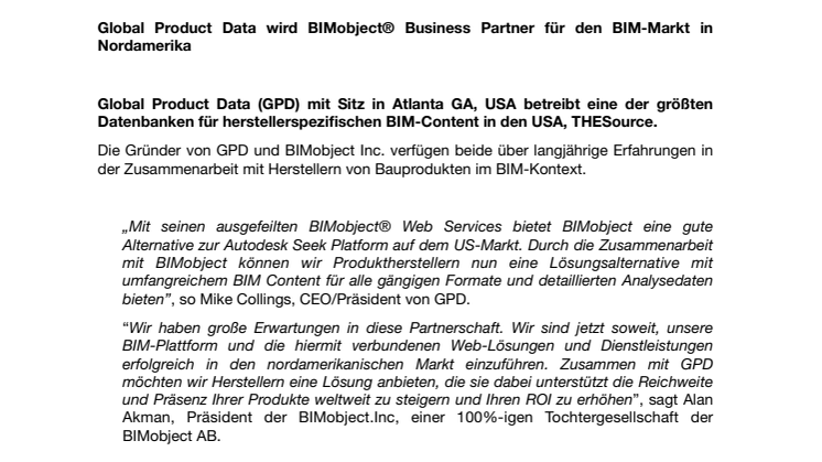 Global Product Data wird BIMobject® Business Partner für den BIM-Markt in Nordamerika