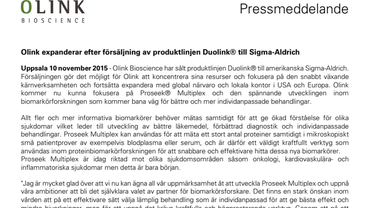 Olink expanderar efter försäljning av produktlinjen Duolink® till Sigma-Aldrich