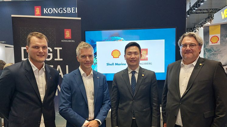 Henning Walstad, Area Director, EMEA, Kongsberg Digital; Anders Bryhni, Vice President Applications, Digital Ocean, Kongsberg Digital; Kenny Zhang, GM, Shell Marine Lubricants; Marcus Schärer, General Manager, Services & Technical, Shell Marine