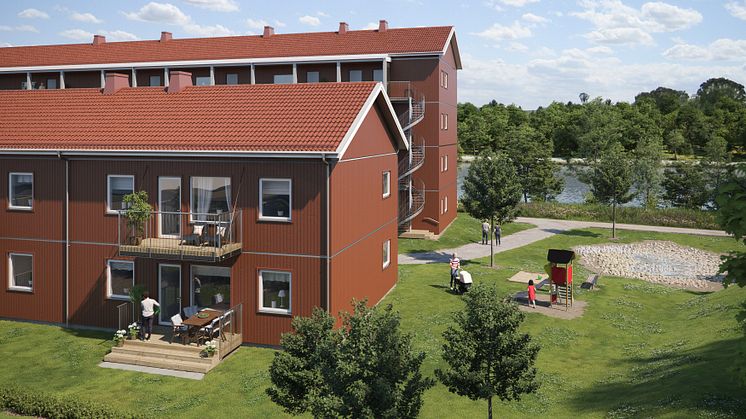 Illustration av de nya husen i BoKlok Älven, vid Ljungans strand i Kvissleby, Sundsvall. 