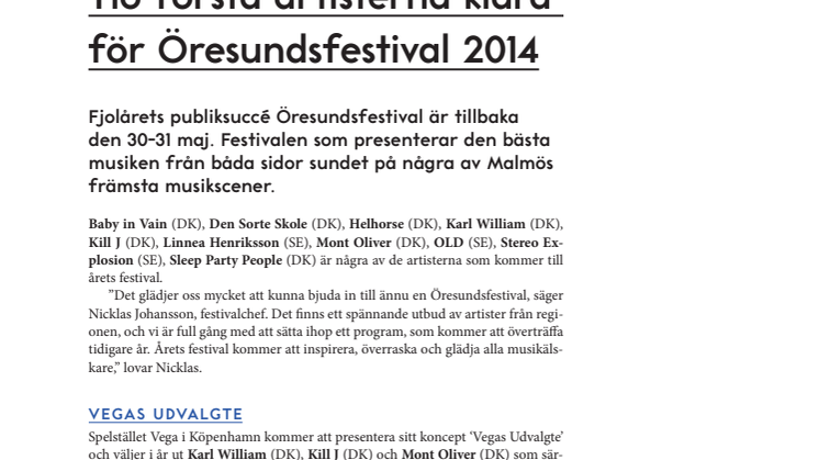 Tio första artisterna klara för Öresundsfestival 2014
