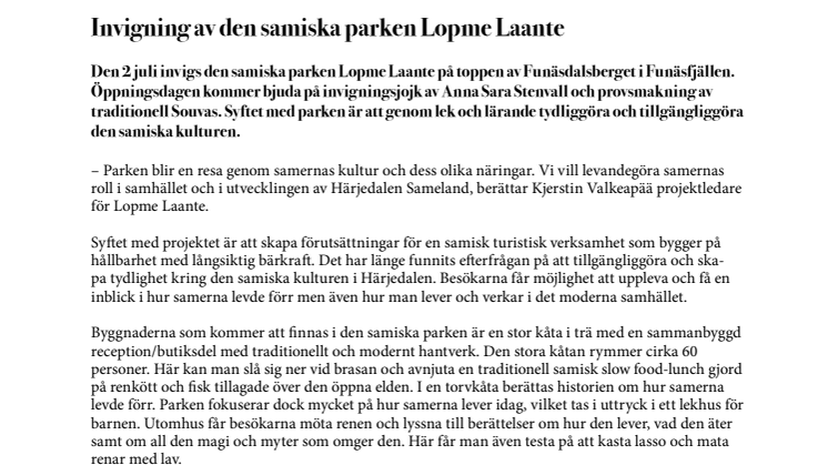Invigning av den samiska parken Lopme Laante i Funäsfjällen