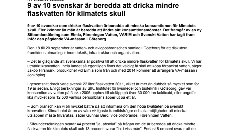 Ny Sifoundersökning: 9 av 10 svenskar är beredda att dricka mindre flaskvatten för klimatets skull
