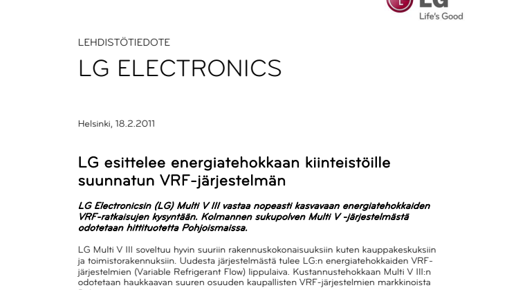 LG esittelee energiatehokkaan kiinteistöille suunnatun VRF-järjestelmän 