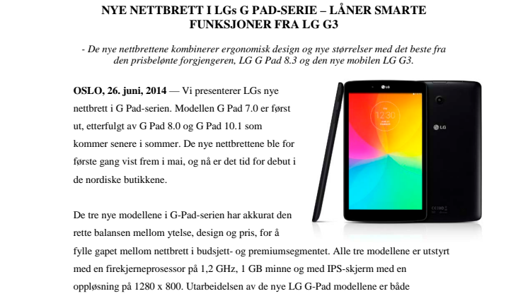 NYE NETTBRETT I LGs G PAD-SERIE – LÅNER SMARTE FUNKSJONER FRA LG G3