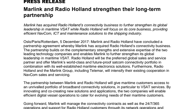 Marlink and Radio Holland strengthen their long-term partnership