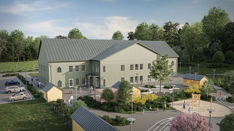 Nu pågår bygget av Forshälla-Strands förskola. Förskolan kommer att ha plats för upp till 160 barn, bli certifierad enligt Svanen och ha solceller på taket.Illustration: Tyréns AB. 