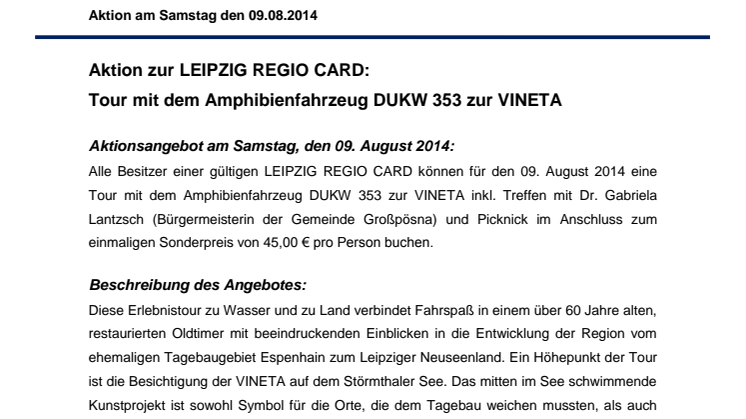 Aktionsangebot Amphibienfahrzeug und VINETA am 09.08.2014