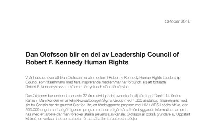 Dan Olofsson blir en del av Leadership Council of Robert F. Kennedy Human Rights