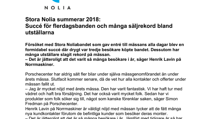 Stora Nolia summerar 2018:  Succé för flerdagsbanden och många säljrekord bland utställarna