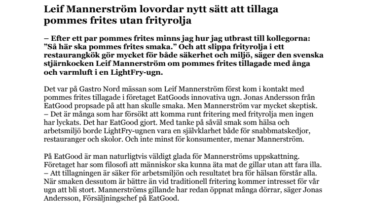 Leif Mannerström lovordar nytt sätt att tillaga pommes frites utan frityrolja