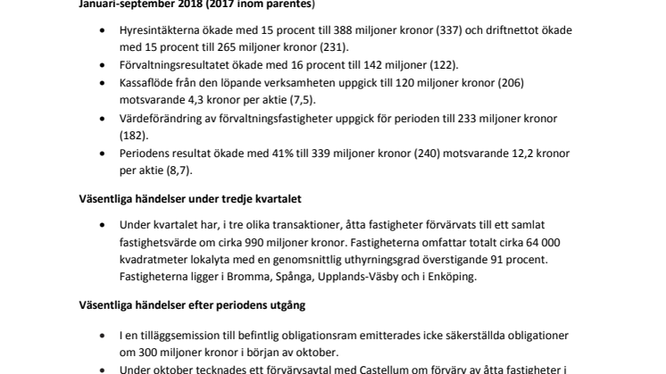 Delårsrapport januari-september 2018 Stendörren Fastigheter AB (publ)