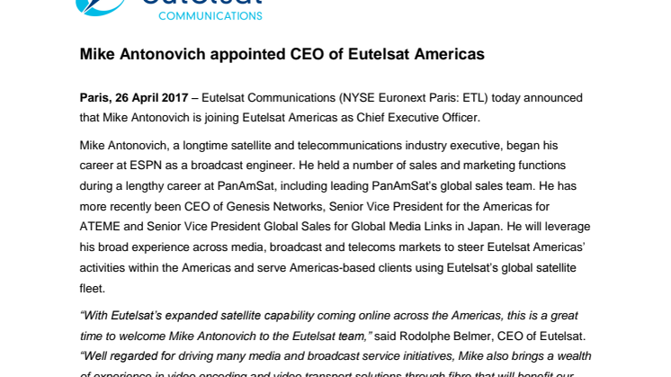 Mike Antonovich appointed CEO of Eutelsat Americas