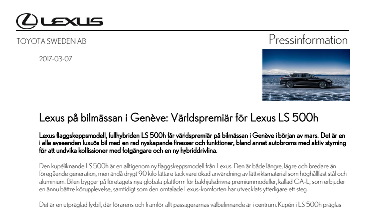 Lexus på bilmässan i Genève: Världspremiär för Lexus LS 500h