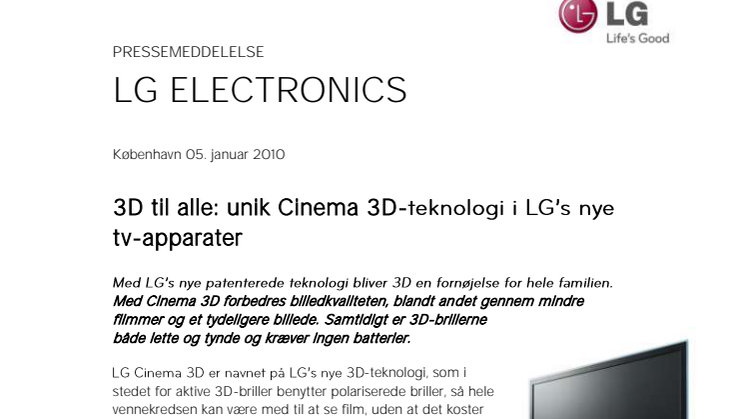 3D til alle: unik Cinema 3D-teknologi i LG’s nye tv-apparater