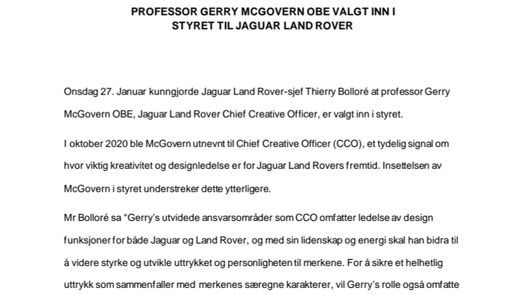 Professor Gerry McGovern OBE valgt inn i Jaguar Land Rover styret