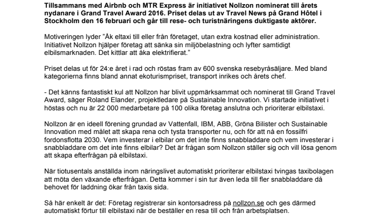 Nollzon nominerat till årets nydanare i Grand Travel Award