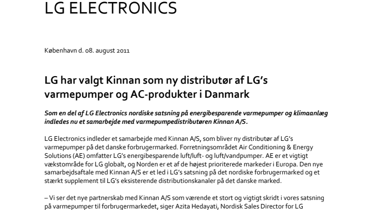 LG har valgt Kinnan som ny distributør af LG’s varmepumper og AC-produkter i Danmark