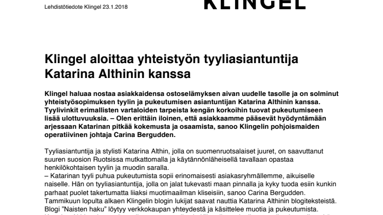 Klingel aloittaa yhteistyön tyyliasiantuntija Katarina Althinin kanssa