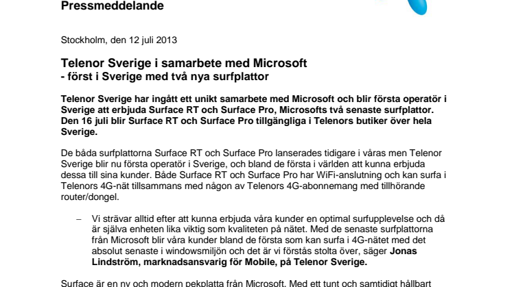 Telenor Sverige i samarbete med Microsoft - först i Sverige med två nya surfplattor