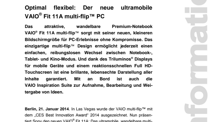 Optimal flexibel: Der neue ultramobile VAIO® Fit 11A multi-flip™ PC