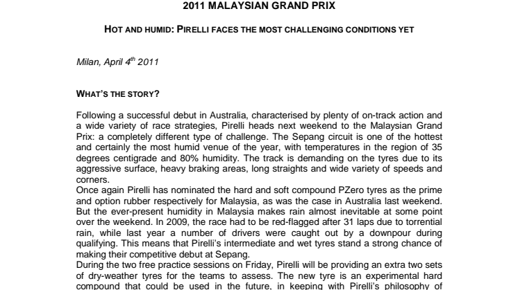 Nya utmaningar för Pirelli i Malaysias Grand Prix