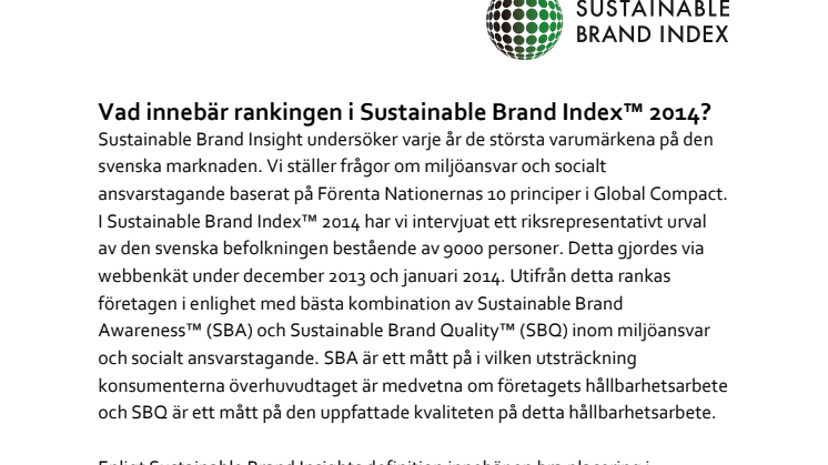 Förklaring till rankingen i Sustainable Brand Index™ 2014