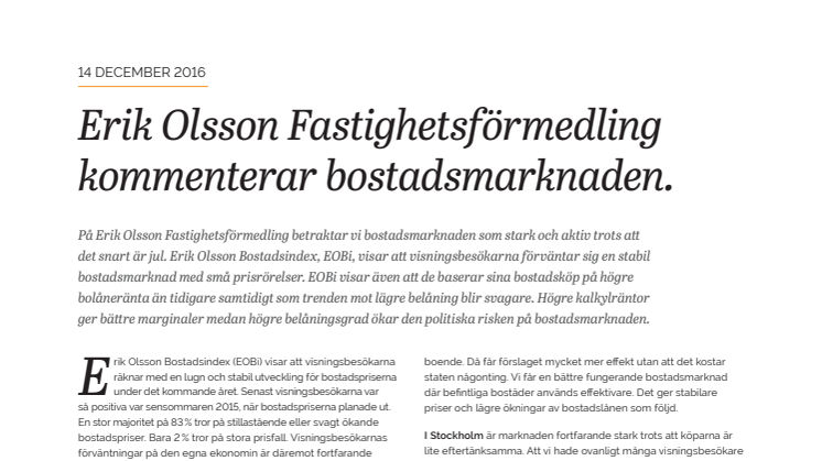 Erik Olsson Fastighetsförmedling kommenterar bostadsmarknaden 14 december 2016