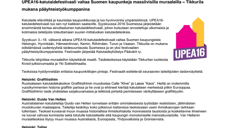 UPEA16-katutaidefestivaali valtaa Suomen kaupunkeja massiivisilla muraaleilla – Tikkurila mukana pääyhteistyökumppanina 